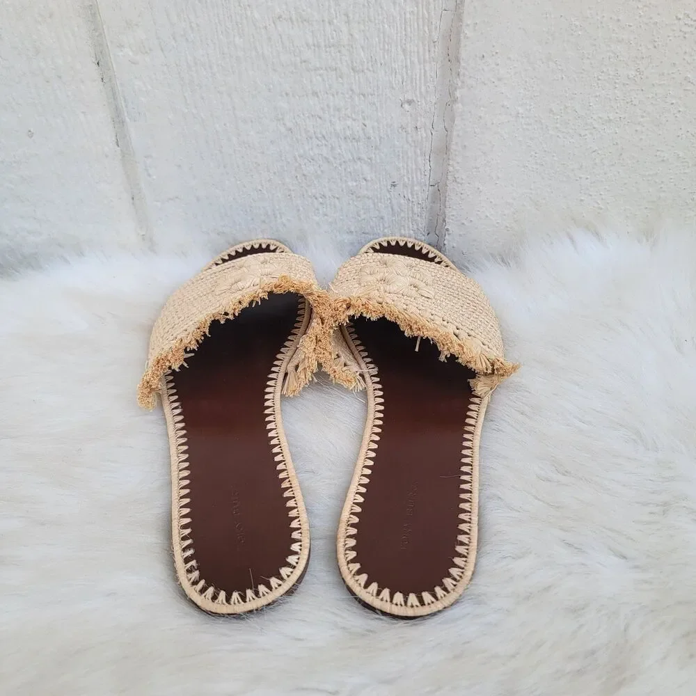 Tory Burch Eleanor Raffia Woven Beige Fringe Slide Sandal Sz 9 Beachy Coastal